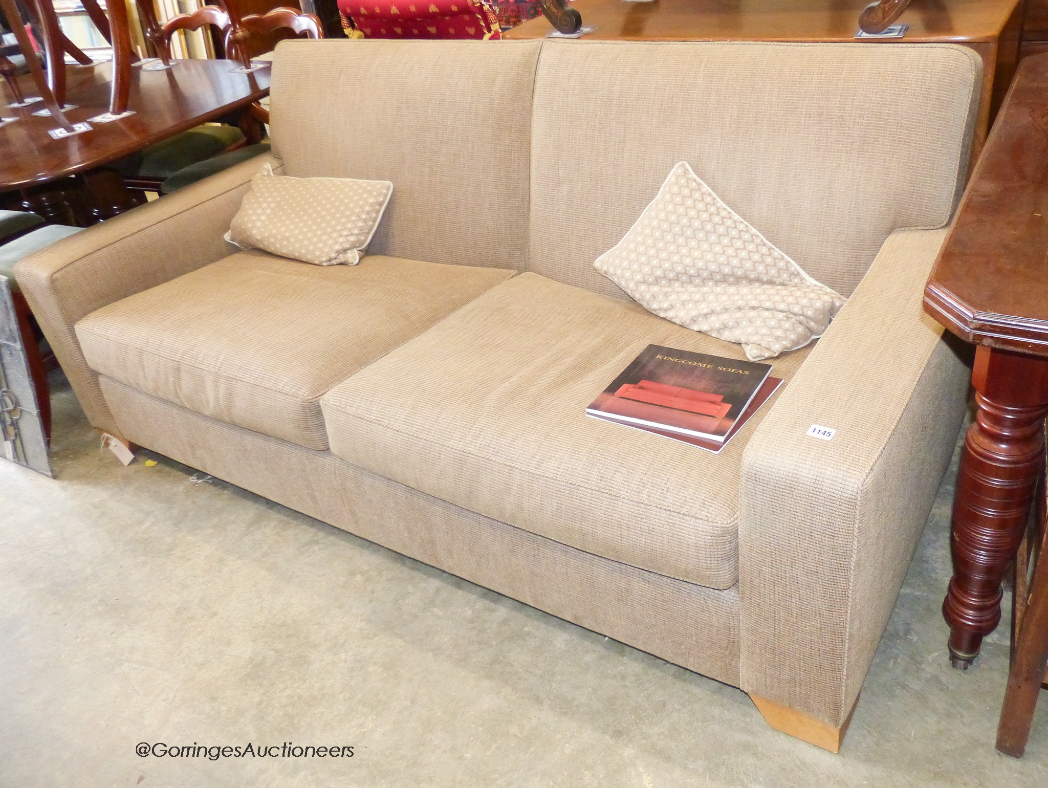 A modern square frame three seater sofa in brown flecked cord by 'Kingcome Sofas” W-194, D-95, H-80cm.